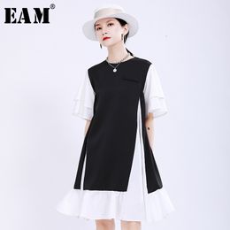 [EAM] Women Black Contrast Color Split Joint Dress Round Neck Short Sleeve Loose Fit Fashion Spring Summer 1U495 21512