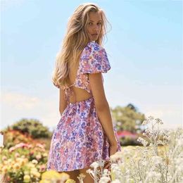 Sexy Backless Lace Up Purple Dress Women Puff Sleeve Vintage Short Summer Floral Print Boho A-line Vestidos 210427