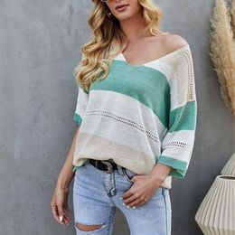 Stripe Contrast Colour Patchwork Knitting T Shirt Women Deep V Neck Half Sleeve Hollow Out Casual Loose Streetwear Beach Tops 210604