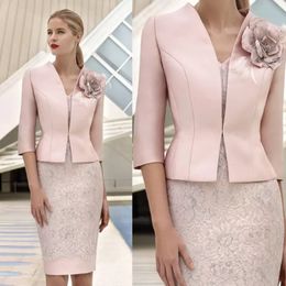 2022 Elegant Blush Pink Lace Mother Of The Bride Dresses Suits With Short Jacket Knee Length Sheath Groom Mothers Formal Outfit Wedding Guest Gowns Custom Made