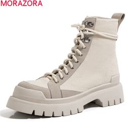 MORAZORA arrival casual ladies shoes med heels round toe lace up women boots autumn winter ankle boots black white 210506