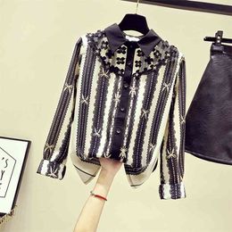 Spring Autumn Women's Blouse Korean Style Lace Stitching Striped Chiffon shirt Top Loose Long Sleeve Casual Female Tops LL481 210506