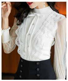 Women's Sweaters 2021 Autumn Winter Fashion Tops Women Sexy Tulle Lace Knitting Patchwork Long Sleeve Elegant Black White Jumpers Ladies Wor