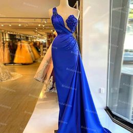 Sexy One Shoulder Royal Blue Prom Dresses For Black Girls Elegant Mermaid Satin Evening Dress 2021 Plus Size Women Formal Party Gowns Ruched Robe De Soirée