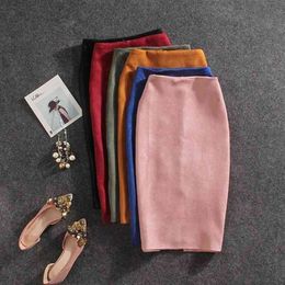 Spring Women's Retro Mid-length Back Split Bag Hip Skirt Stretch Suede Solid Color Professional Pencil One-step Office 210527