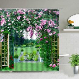 Waterproof Shower Curtain Set Flowers Arch Bridge Landscape Home Decor Bathroom Curtain Polyester fabric Background Wall Decor 210609