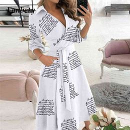 2021 Fashion Deep V-Neck Long DrElegant Women Polka Dot Letter Long Sleeve DrSexy Lace-Up Belt Print Party DrVestido X0529