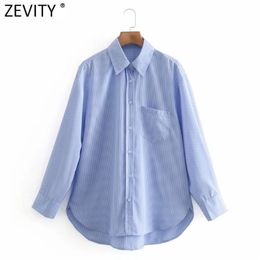 Women Fashion Pocket Striped Print Casual Loose Smock Blouse Office Lady Stylelish Business Shirt Chic Blusas Tops LS7422 210416