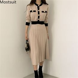 Korean Elegant Knitted Long Dress Women Color-blocked Single-breasted Sleeve O-neck A-line Pleated Dresses 210513