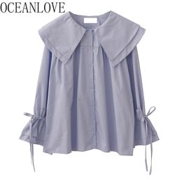 Women Shirts Solid Peter Pan Collar Flare Sleeve Spring Japan Style Blouses Vintage Kawaii Buttons Bow Blusas Mujer 210415