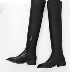 Boots Over The Knee Pointed Toe Rivet Europe Winter Thin Flat Bottom Elastic Self-Cultivation Women