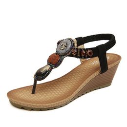 Women's Sandals Summer 2021 Ethnic Style Beach Seaside Bohemian Retro Beaded Wedge Large Size Shoes