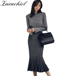 Grey Knit 2 Piece Winter Women Sexy Slit Long Sleeve Sweater Set Casual Knitted Fishtail Bodycon Skirt Suit 210416