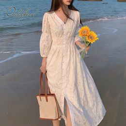 Summer Women Long Cardigan Vintage Print Single Breasted White Maxi Tunic Beach Dress Vocation 210415
