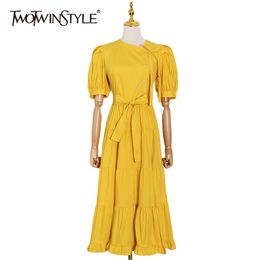 Yellow Patchwork Dress For Women O Neck Puff Short Sleeve High Waist Dresses Females Summer Clothing Style 210520