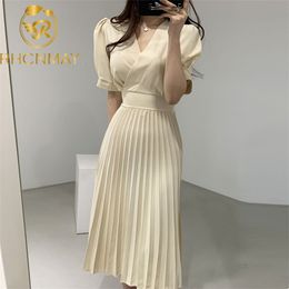 Summer Chiffon Korean A-line Pleated Long Dress Women Short Sleeve V-neck Belted Fashion Office Elegant Ladies Vestidos 210506