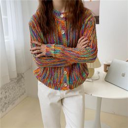 Chic Sweater Coat Rainbow Color-Hit Women Thicken OL Elegant Long Sleeve Knitted Cardigans Office Lady Tops 210421