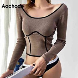 Women Casual Crop Top T Shirt Chic Long Sleeve Patchwork Basic Tee Shirts Fashion Ladies O Neck Knitted Tops 210413