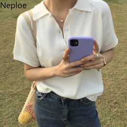 Neploe Knitted T Shirts Women Solid Turn Down Coallr Buttons Short Sleeve Female Tops Summer Loose Casual Ladies Tees 210423