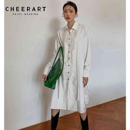 Spring Fashion Women Long Shirt Dress Patchwork Lace White Sleeve Designer Button Up Collar Midi 210427