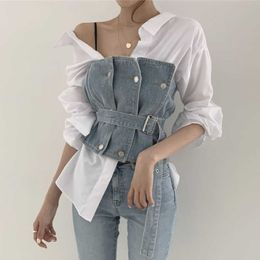 Korea Autumn Chic Small Sexy Personality Lapel Stripe Shirt Belt Tube Top Cowboy Women Two Piece Outfits B772 210603