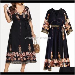 Clothing Apparel Drop Delivery 2021 Plus Size Womens Causel Mid Calf Navy Floral Belt Evening Party Dresses Bcij# H5Jhk