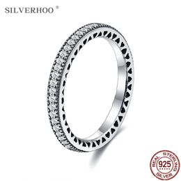 SILVERHOO Hearts Rings Women Authentic 925 Sterling Silver Clear CZ Stackable Vintage Luxury Engagement Ring Fine Jewellery Gift