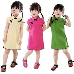 Chinese New Year Baby Girls Chi-Pao Dress Kids Traditional Qipao Candy Solid Children Cheongsam Linen Girl Clothes Jumper Blouse 210413