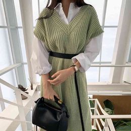 Korean 2 Piece Set Turn-down Collar Long Sleeve White Shirt + Chic Sashes V-neck Split Knitted Vest Dress Women Suit 210510