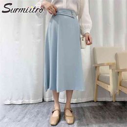Spring Summer Long Office Skirts Women Elegant Korean Style Blue Aesthetic High Waist Midi Skirt Female Ladies 210421