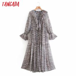 Fashion Women Print Ruffles Long Sleeve Vintage Ladies Maxi Dress XN124 210416