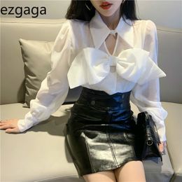 Ezgaga Women Shirts Korean Winter Spring Elegant Bowknot Hollow Out Solid Turn-Down Collar Long Lantern Sleeve Blouse Blusas 210430