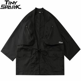 Japanese Kimono Jacket Zipper Pockets Hip Hop Men Black Streetwear Harajuku Japan Style Cardigan 210811