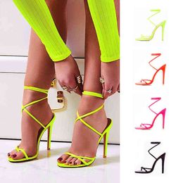 Sandals European Summer Candy Color Point Toe Lace Ankle Strap Party High Heels Pumps 11.5cm Thin Heel Lady 220121