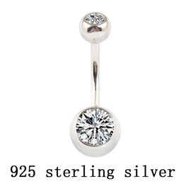 Gerçek 925 Ayar Gümüş Belly Düğme Yüzük Temizle Çift Zirkon Taşlar Vücut Topu Göbek Bar Piercing Takı