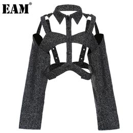 [EAM] Loose Fit Hollow Out Spliced Black Jacket Lapel Long Sleeve Women Coat Fashion Spring Autumn 1DD4107 211112