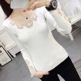 Lace Spring embroidery O-Neck Rhinestone Pullovers Women Sexy Mesh Hollow out Autumn Sweaters Soft Tops Lady Long Sleeve Jumpers X0721