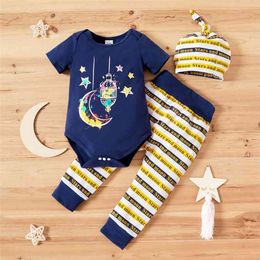 Summer 3pcs Baby Boy Moon Stars Space Print Cotton Romper Short-sleeve Sets 210528