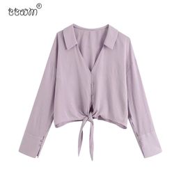 Women Fashion Bow Lace-up Cropped Blouses Vintage Long Sleeve Buttons Shirts Female Chic Tops 210520