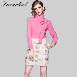 Elegant Solid Pink Bow Shirt Blouse Top + Flower Embroidery Slim Fit Hip Mini Skirt Suit Women Spring Summer Two Pieces Set 210416