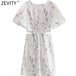 Women Sweet Floral Print Waist Pleats Hollow Out Casual Slim A Line Dress Female O Neck Back Zipper Chic Vestidos DS8303 210416