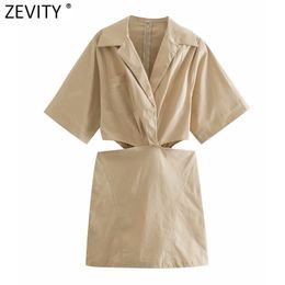 Women Sexy Waist Cut Off Notched Business Shirt Dress Female Chic Back Zipper Hollow Out Casual Mini Vestidos DS8180 210416