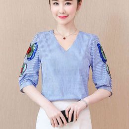 Sequins Butterfly Stripe White Shirts Summer Spring Chiffon Women Tops V-neck Half sleeve Bottoming Blouse 837G 210420