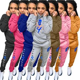 Cartoon Letter Printed Women's Sport Suit Pockets Hooded Long Sleeve Pullover Tops and Workout Jogger Sweatpant Two Piece Outfit 211105