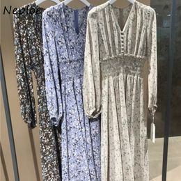 Neploe V Neck Flower Print Slim Waist Dresses Japan Style Fashion Vintage Vestidos Fresh Chic Button Long Women Dress 210510