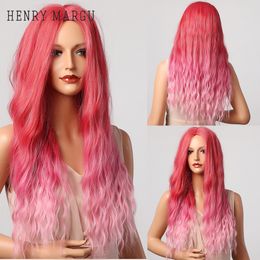 Cosplay Party Synthetic Hair Wigs Omber Red Pink Long Natural Wavy Middle Part Wig for Women Heat Resistant Fiberfactory direct