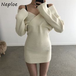 Solid Colour Sexy Cross V-neck Dress Autumn Chic High Waist Knitted Bodycon Dresses Women Soft Casual Simple Vestidos 210422