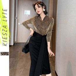 Women Two Pieces Sets Sexy V Neck Leopard Blouse + High Waist Fringe Wrap Skirt Office Laday Wear Spring 210608