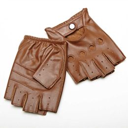 Men Sheepskin Gloves Retro Genuine Leather Fingerless Gloves Driving Cycling Motorcycle Unlined Half Finger Gloves H1022