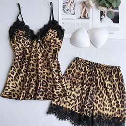 Women's Sleepwear 4pcs Pyjamas Women Leopard Set Sexy Lingerie Satin Silk Cardigan Nightdress Ladies Underwear 2021